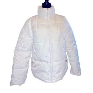 Women’s L Quilted Puffer Jacket Bright White High Neck Winter Coat NWOT Zenana